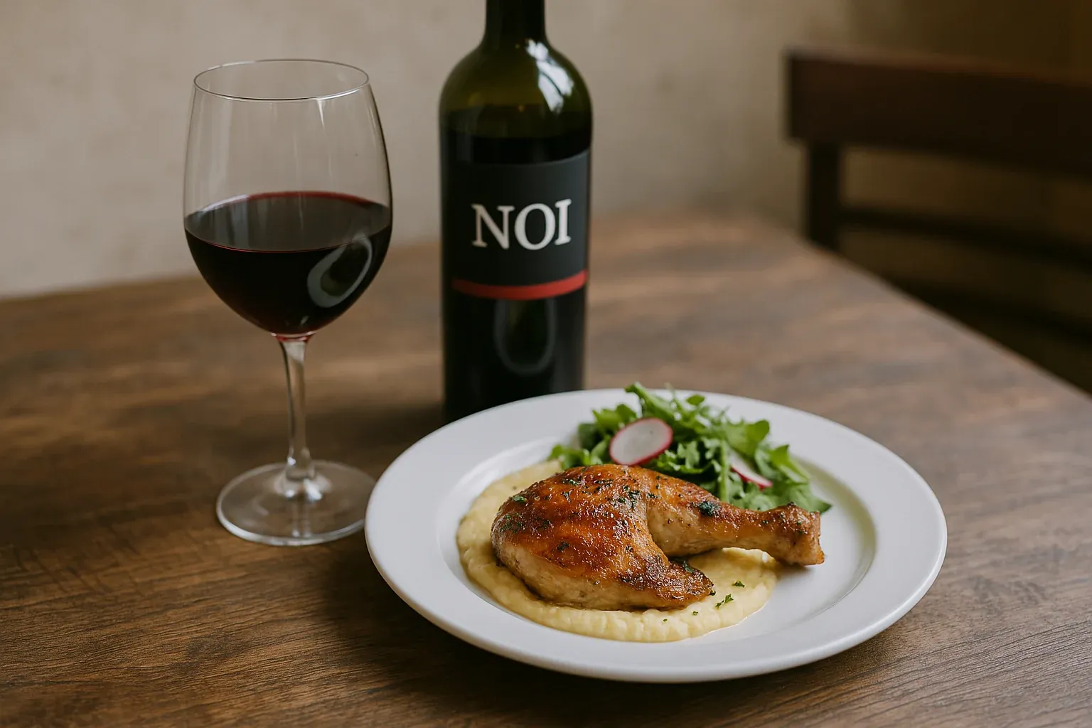 Roasted chicken leg on creamy polenta with fresh salad, paired with a glass and bottle of red wine on a wooden table.