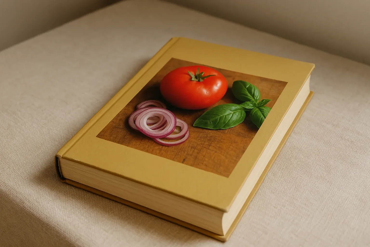 Hardcover recipe book with tomato, onion slices, and basil leaves on the cover, set on a beige cloth surface.
