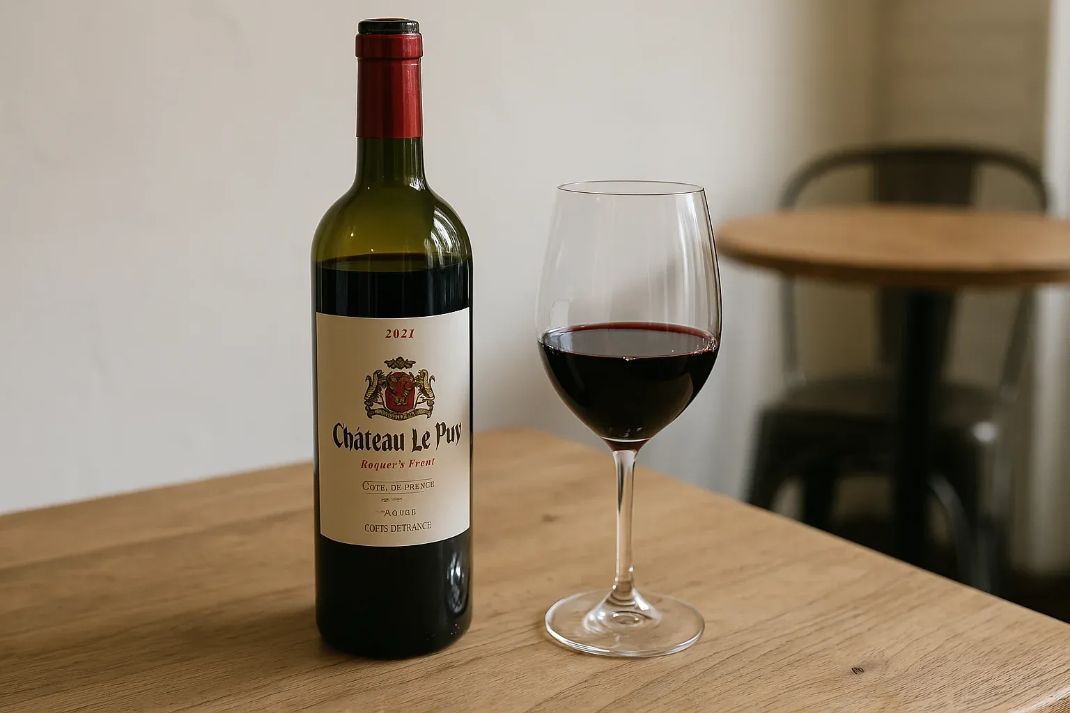 Bottle and glass of Château Le Puy 2021 red wine on wooden table in cozy café setting.