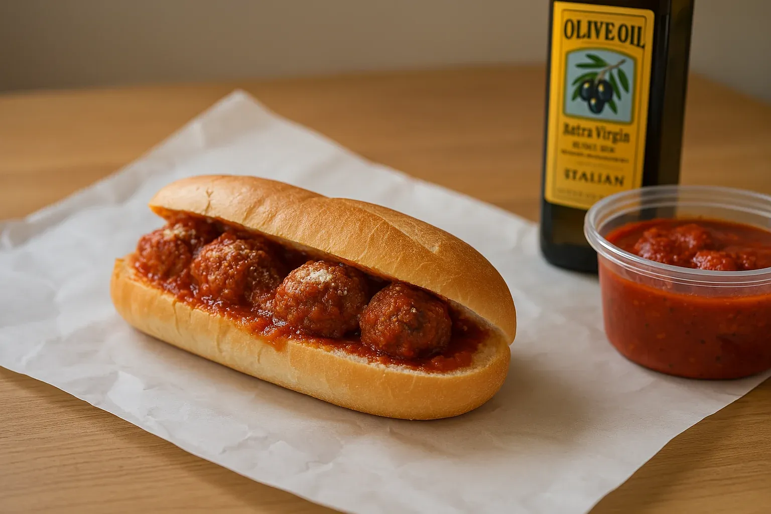 Italian meatball sub with marinara sauce on a paper sheet, accompanied by extra virgin olive oil and a container of marinara.