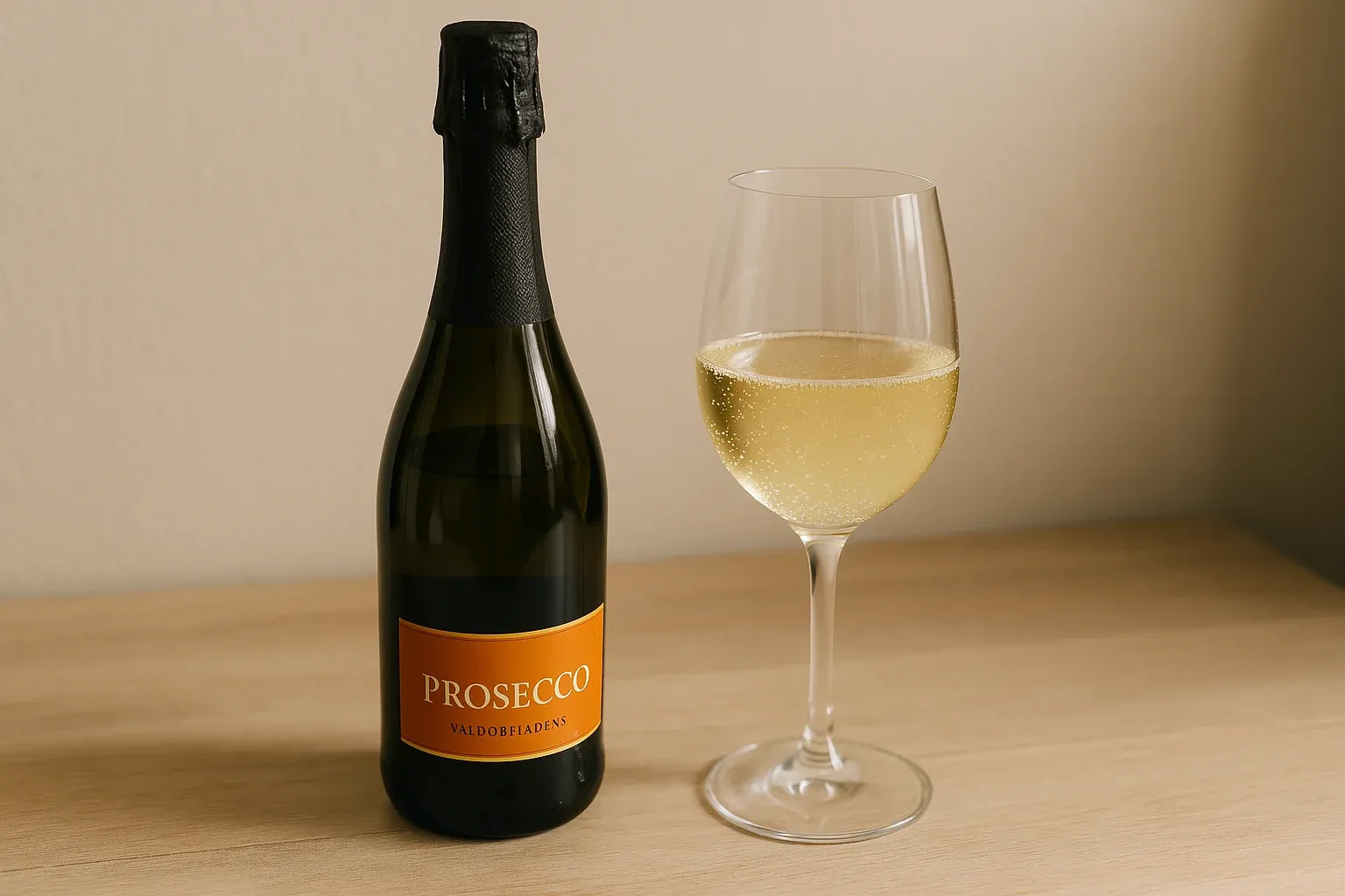 Bottle of Prosecco with a filled wine glass on a wooden surface, ideal for pairing with Italian dishes.