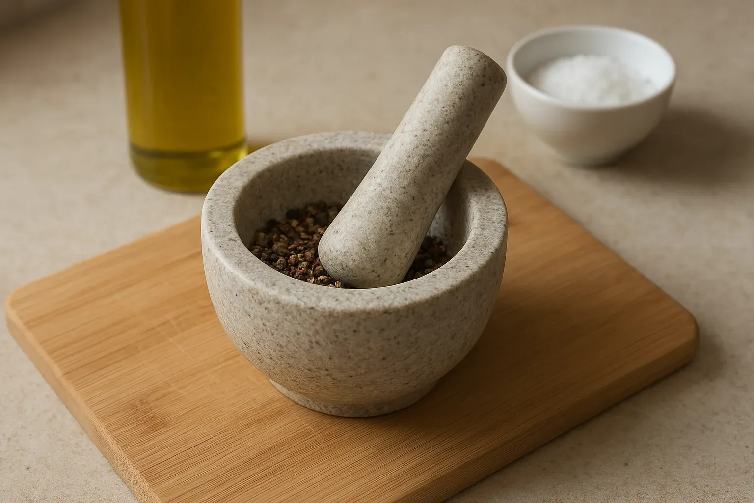 Mortar and pestle with peppercorns on a cutting board, alongside a bottle of olive oil and a bowl of coarse salt.