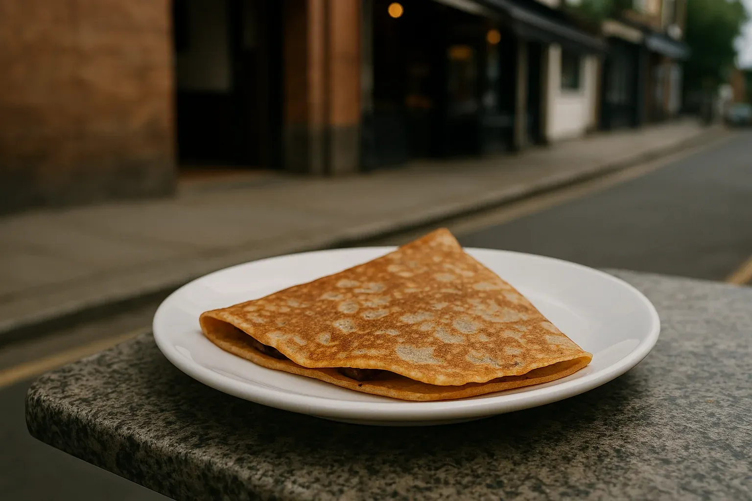 Golden-brown crepe folded on a white plate, placed on an outdoor table with a street backdrop.
