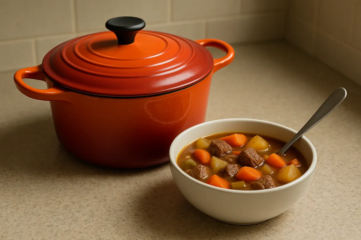 A bowl of hearty beef stew with carrots and potatoes next to an orange Dutch oven.