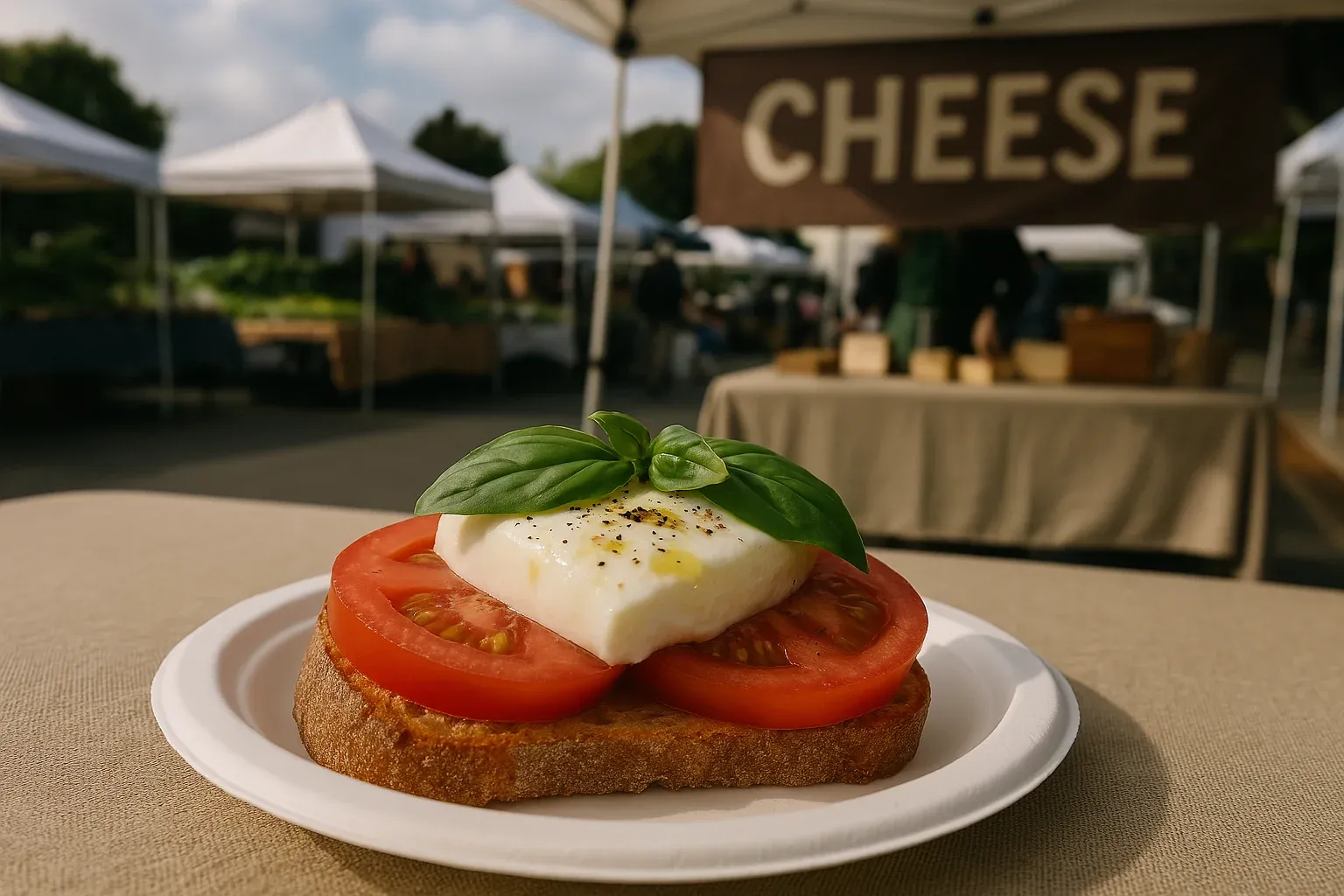 Caprese toast with fresh tomato slices, mozzarella, basil leaves, and a drizzle of olive oil on a plate at a farmer's market.
