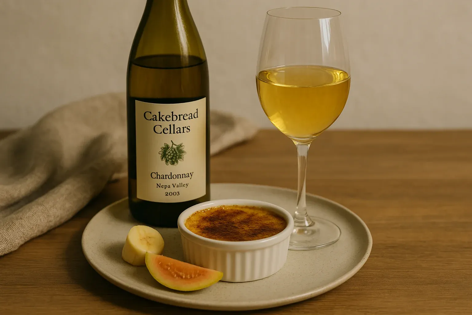 Cakebread Cellars Chardonnay 2003 with a glass of wine, crème brûlée, and fruit slices on a beige plate.