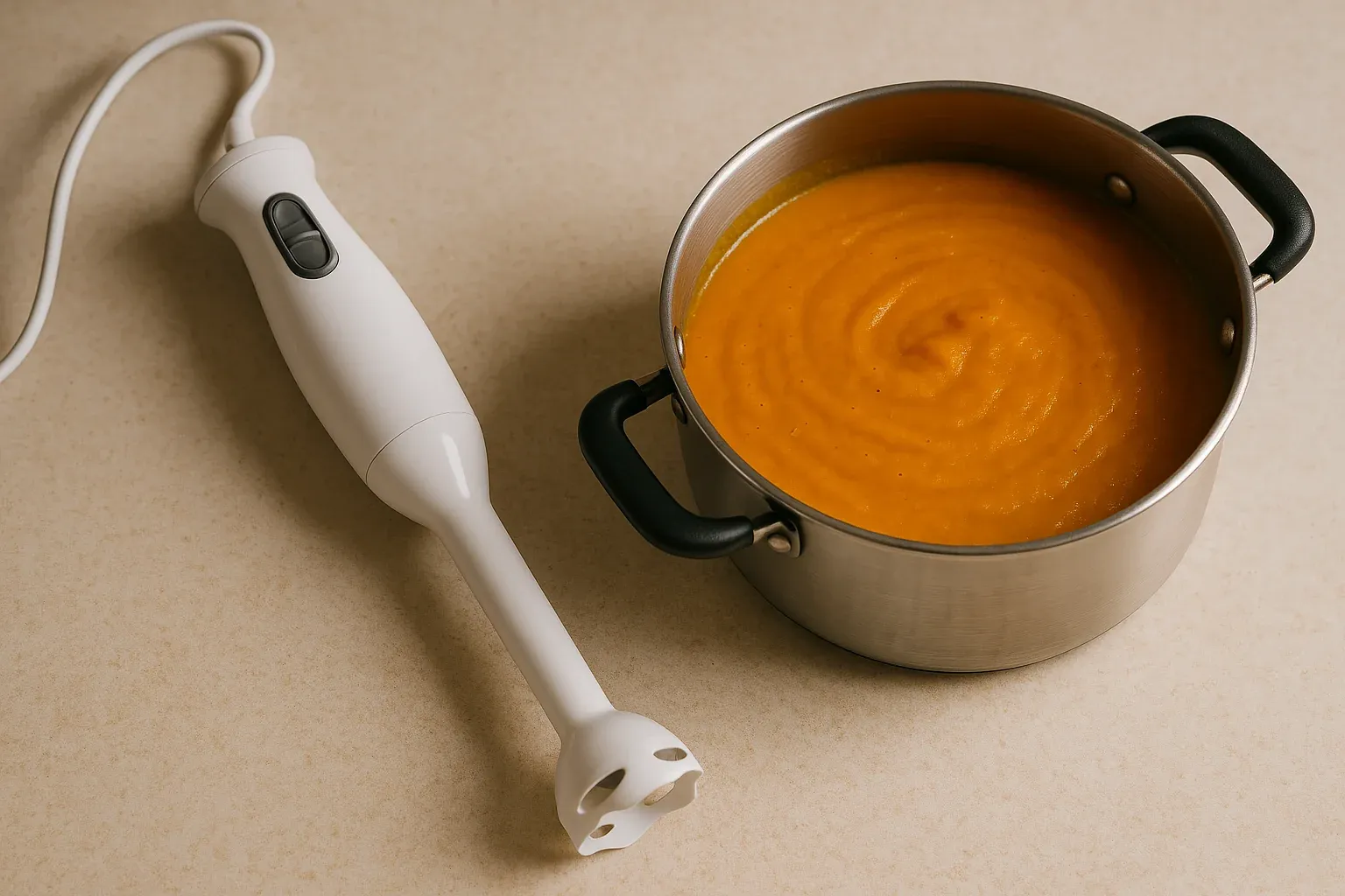 Immersion blender next to a pot of creamy orange soup on a kitchen counter.