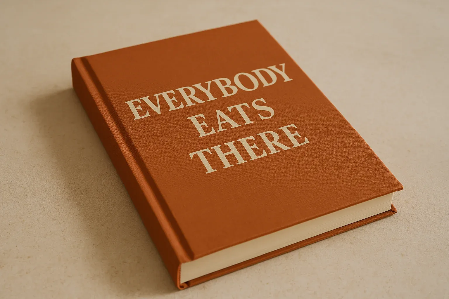 Hardcover cookbook titled "Everybody Eats There" in bold, cream-colored letters on a brown cover.