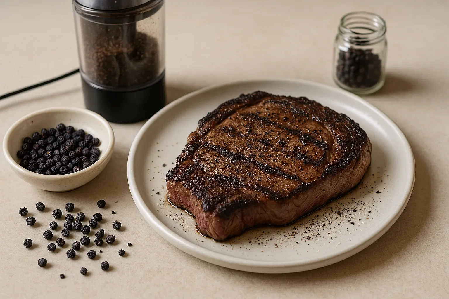 Grilled steak seasoned with fresh ground black pepper, accompanied by a pepper grinder and whole peppercorns in a bowl and jar.