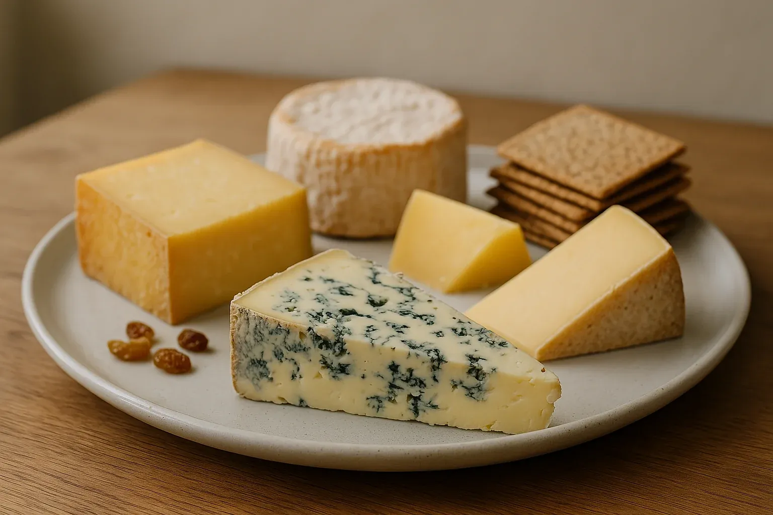 Cheese platter with blue cheese, hard cheeses, soft cheese, crackers, and raisins on a ceramic plate against a wooden table background.