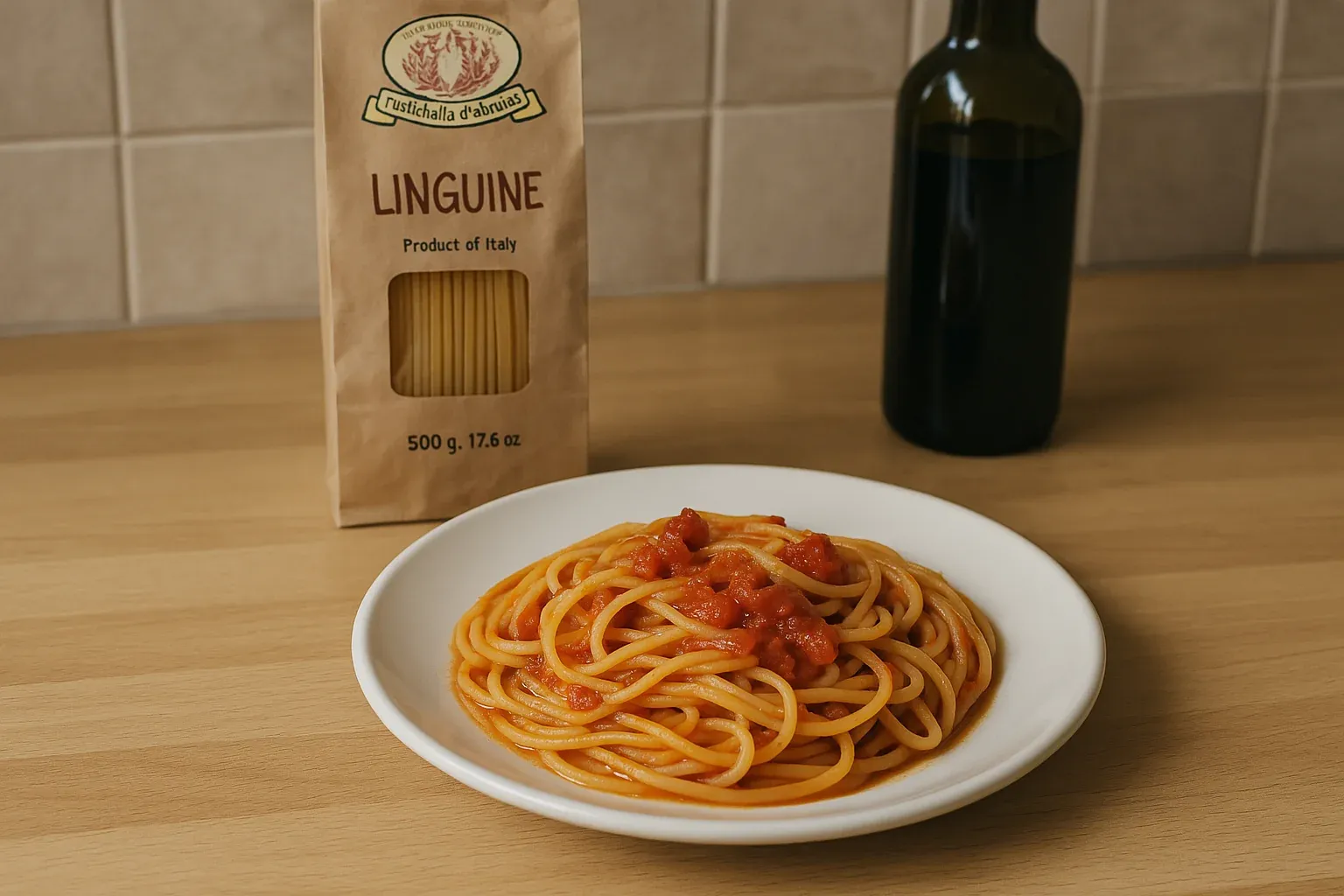Linguine with tomato sauce on a white plate, package of Italian linguine and a bottle of olive oil in the background.