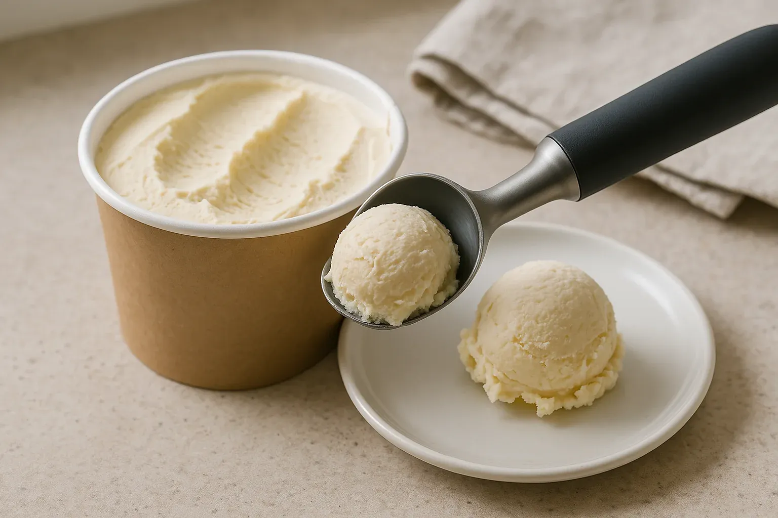 Scooping vanilla ice cream from a container onto a plate.