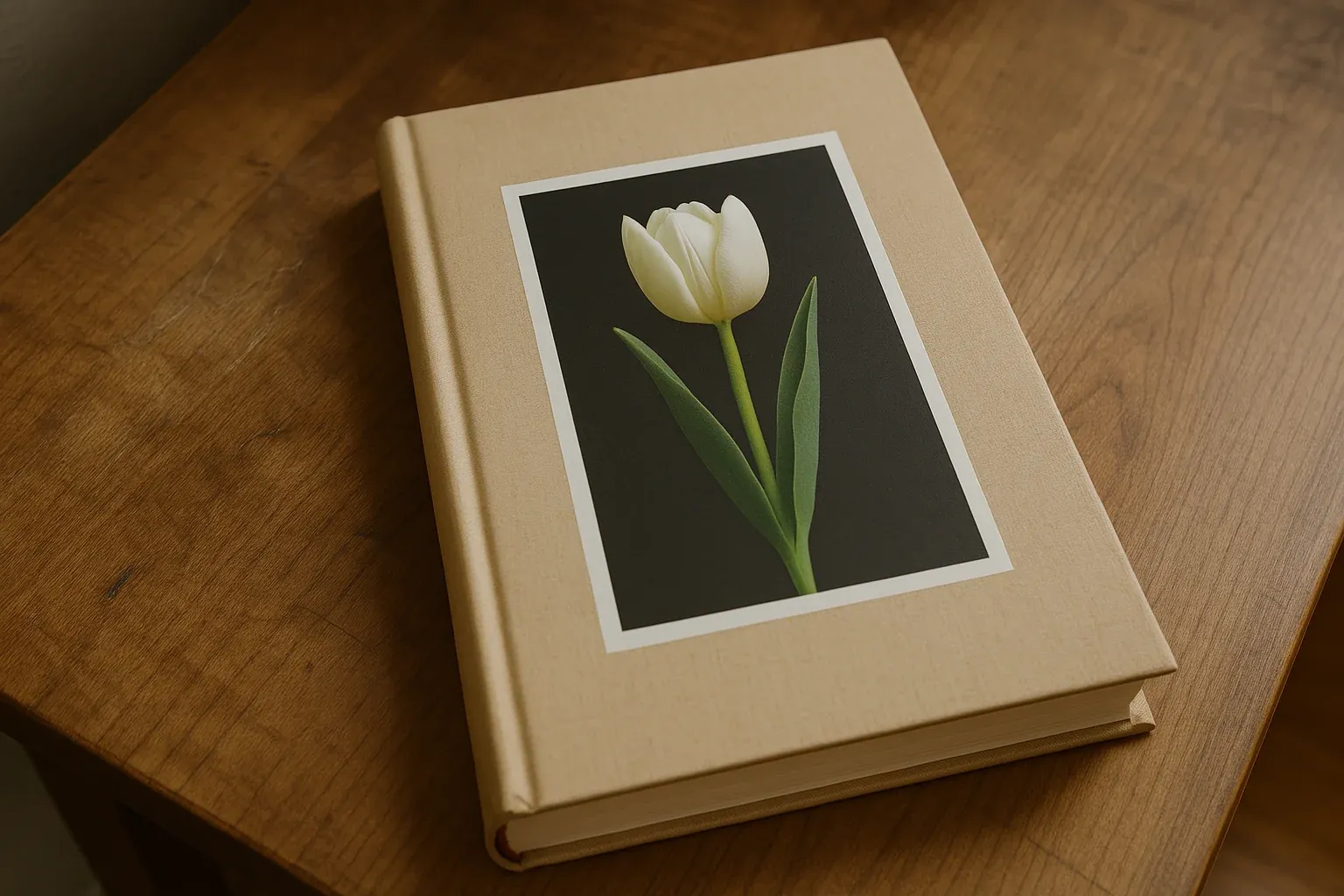 Beige hardcover book with a white tulip on the cover, placed on a wooden table, suggesting a nature-inspired cookbook.