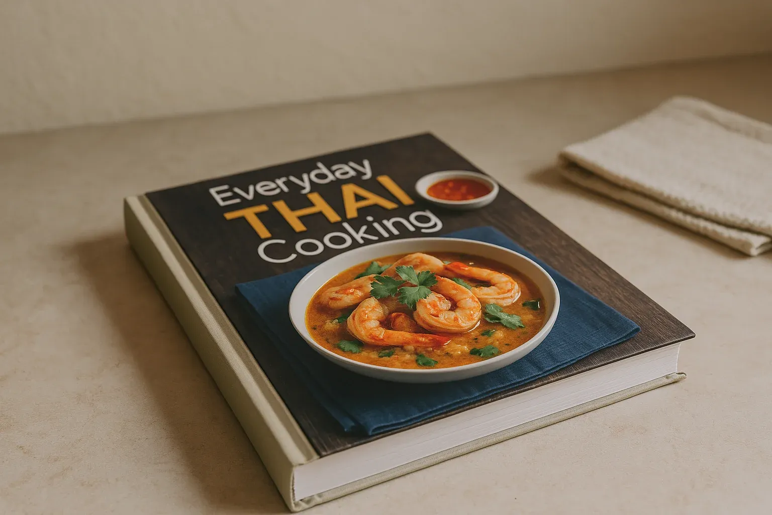 Thai cookbook titled "Everyday Thai Cooking" with a cover featuring a bowl of shrimp curry and a side of chili sauce.