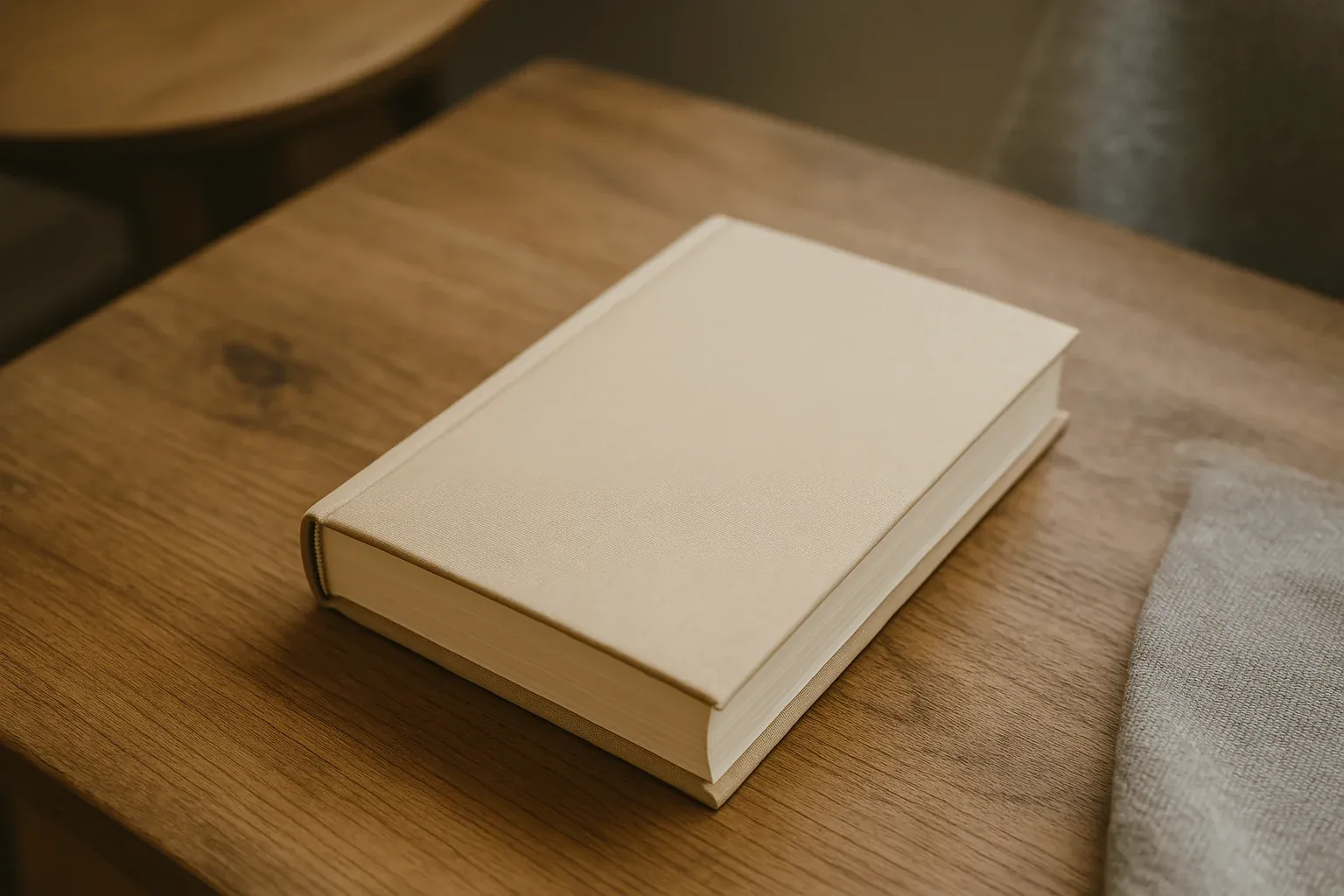 Closed beige hardcover book on wooden table, perfect for a cozy kitchen recipe collection.