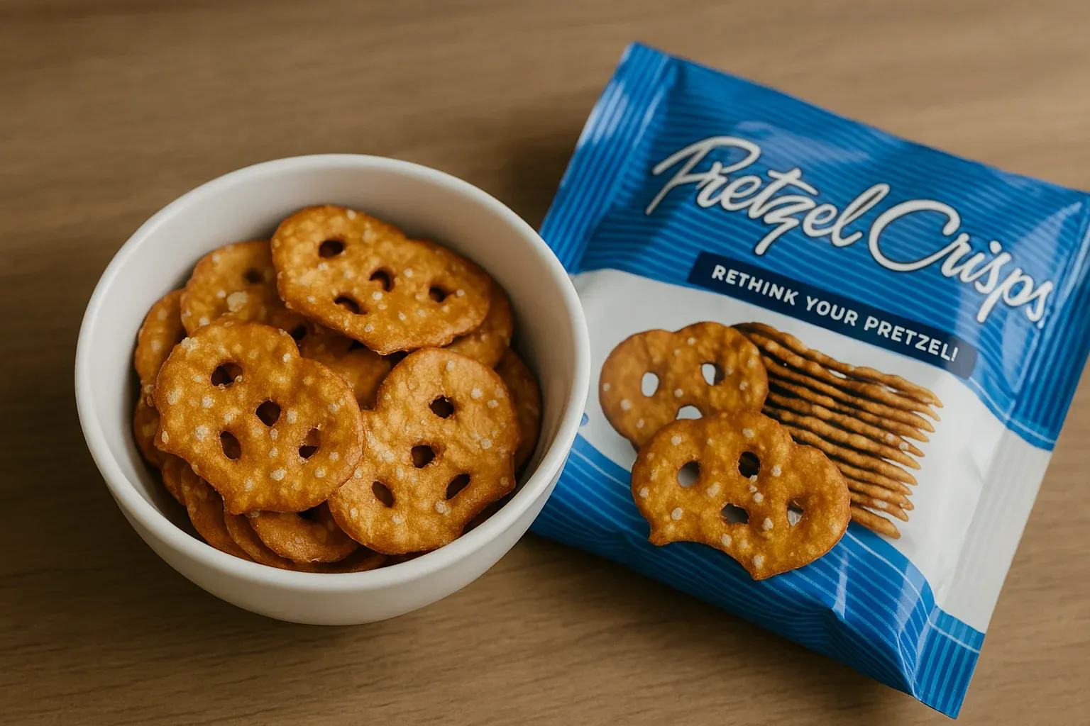 Bowl of Pretzel Crisps beside a blue packet with the slogan "Rethink Your Pretzel!"