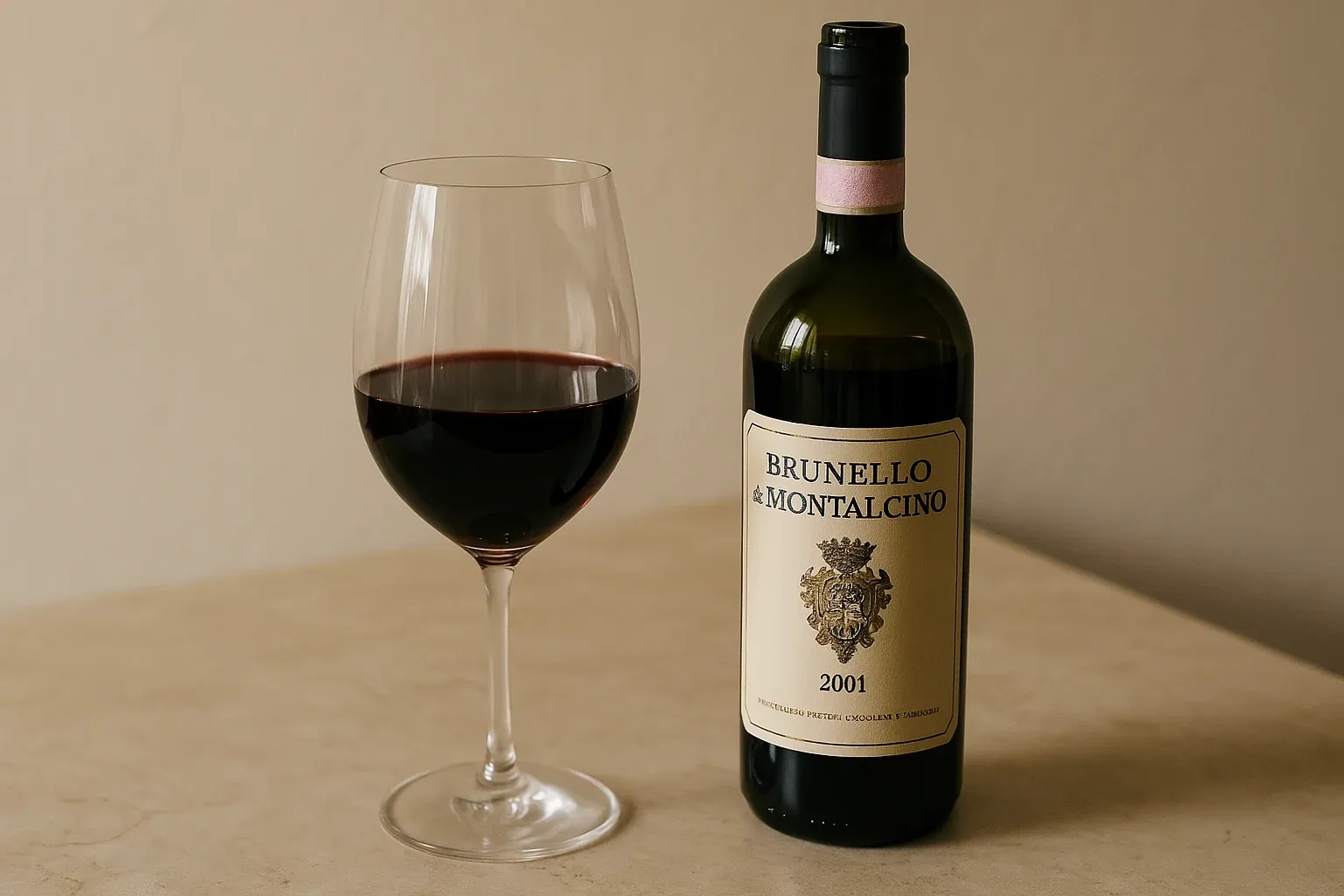 Brunello di Montalcino 2001 wine bottle with a filled glass, ideal for pairing with rich Italian dishes.