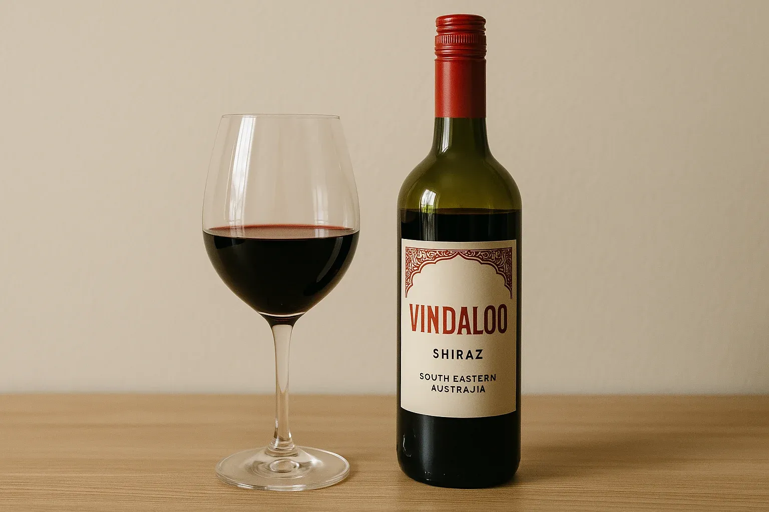 Glass of red wine next to a bottle of Vindaloo Shiraz from South Eastern Australia on a wooden surface.