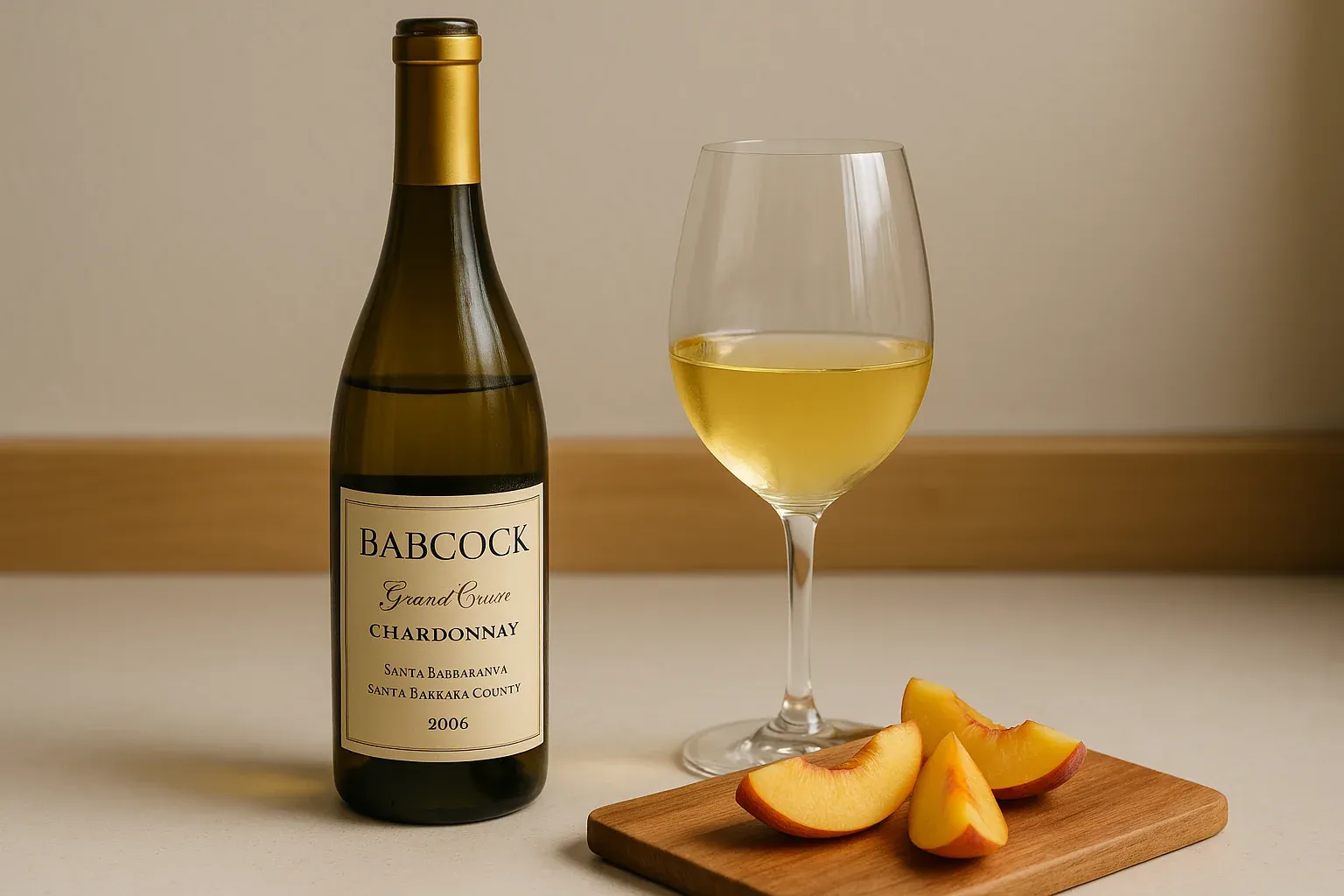 Chardonnay bottle with glass of wine and sliced peaches on wooden board, perfect pairing suggestion for recipe website.