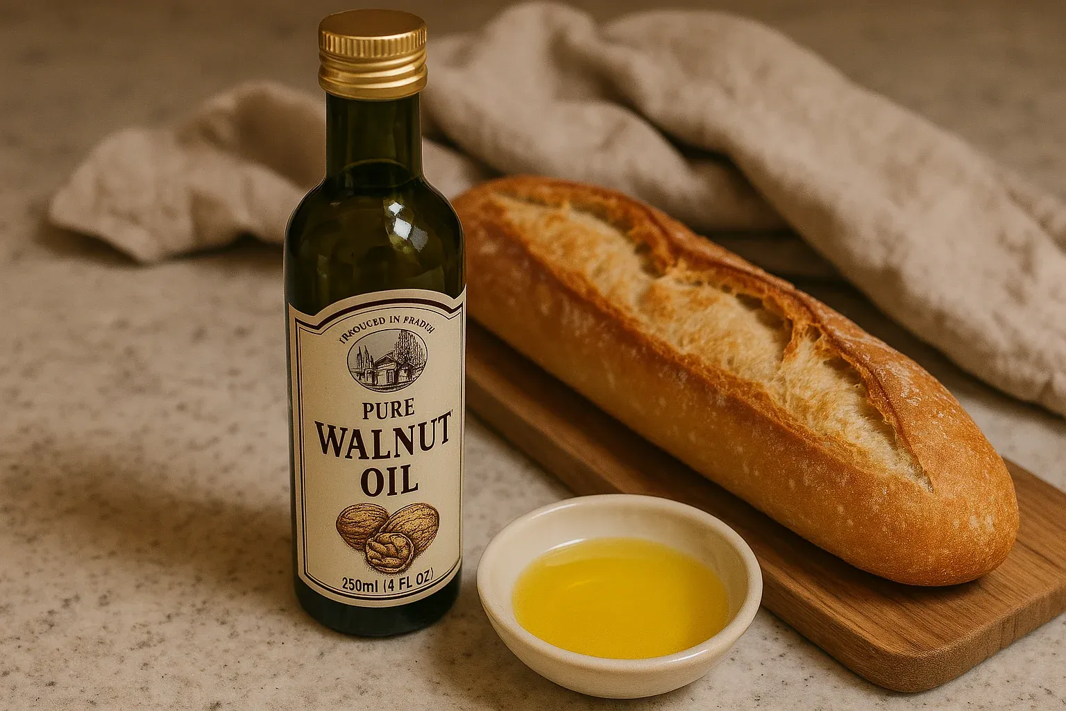 Rustic baguette with a bowl of walnut oil and a bottle labeled "Pure Walnut Oil" on a wooden board, ideal for gourmet recipes.