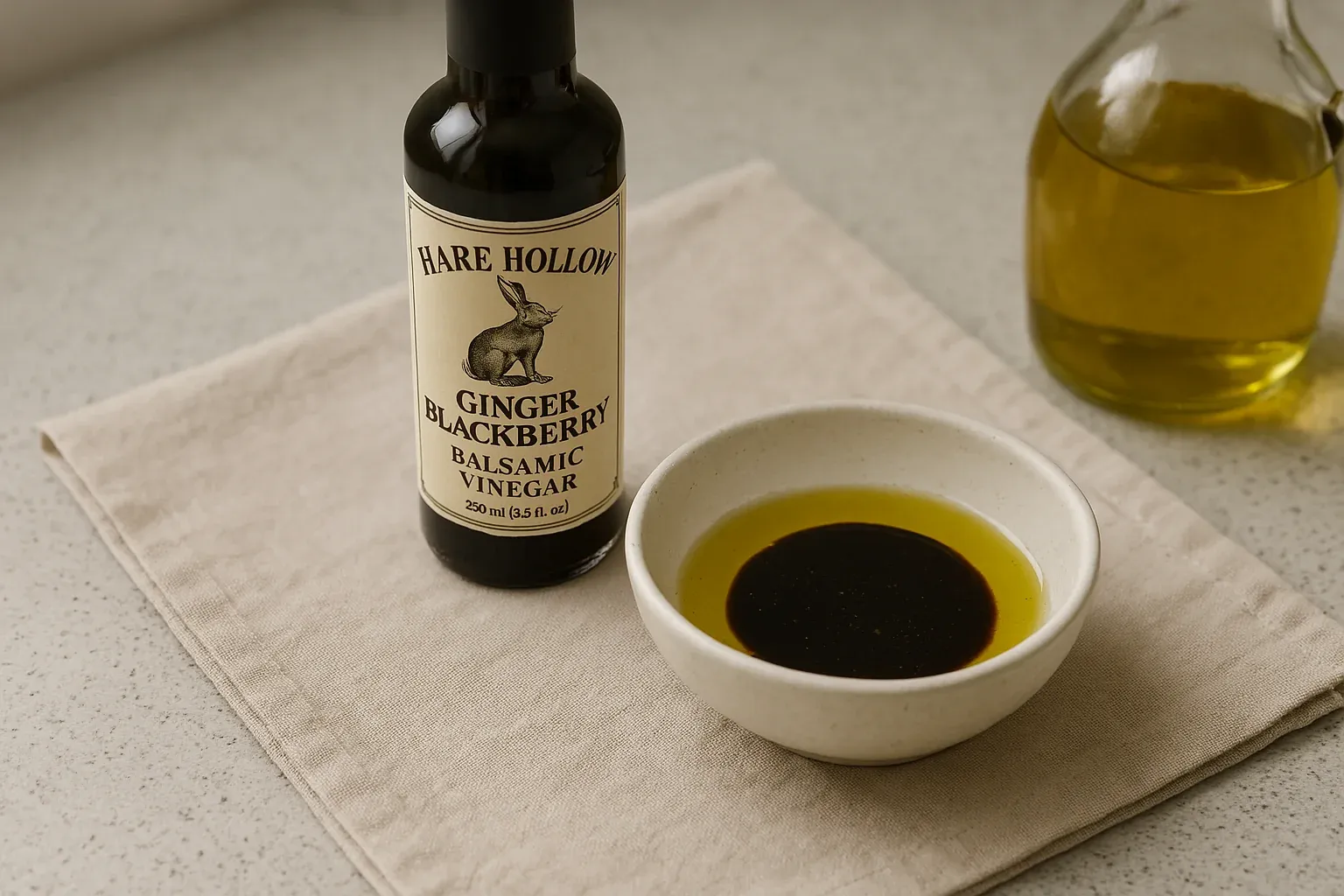 Ginger Blackberry Balsamic Vinegar bottle next to a bowl of olive oil and balsamic mix on a beige cloth.