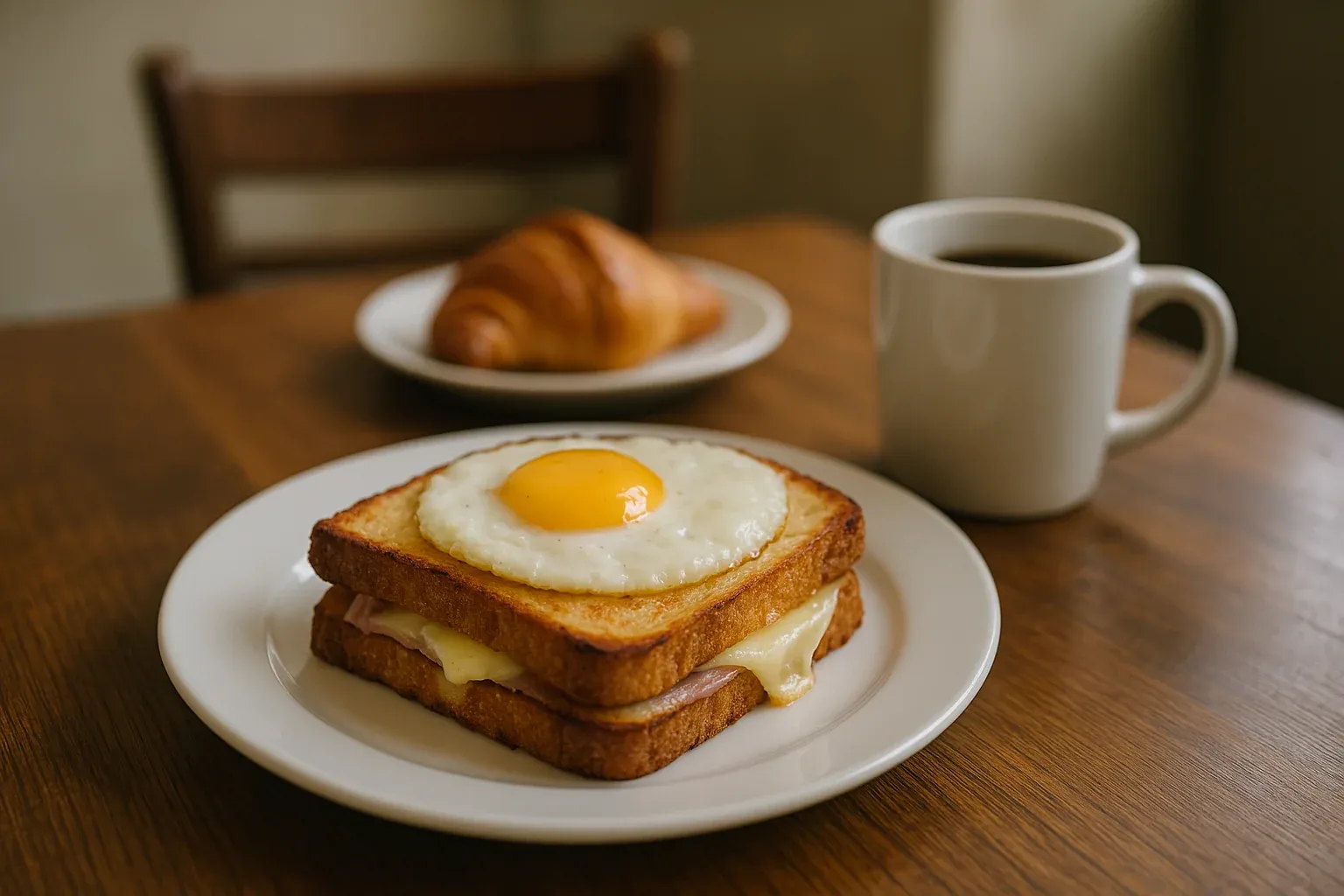 Croque madame sandwich with melted cheese and a fried egg, served with a cup of coffee and a croissant in the background.
