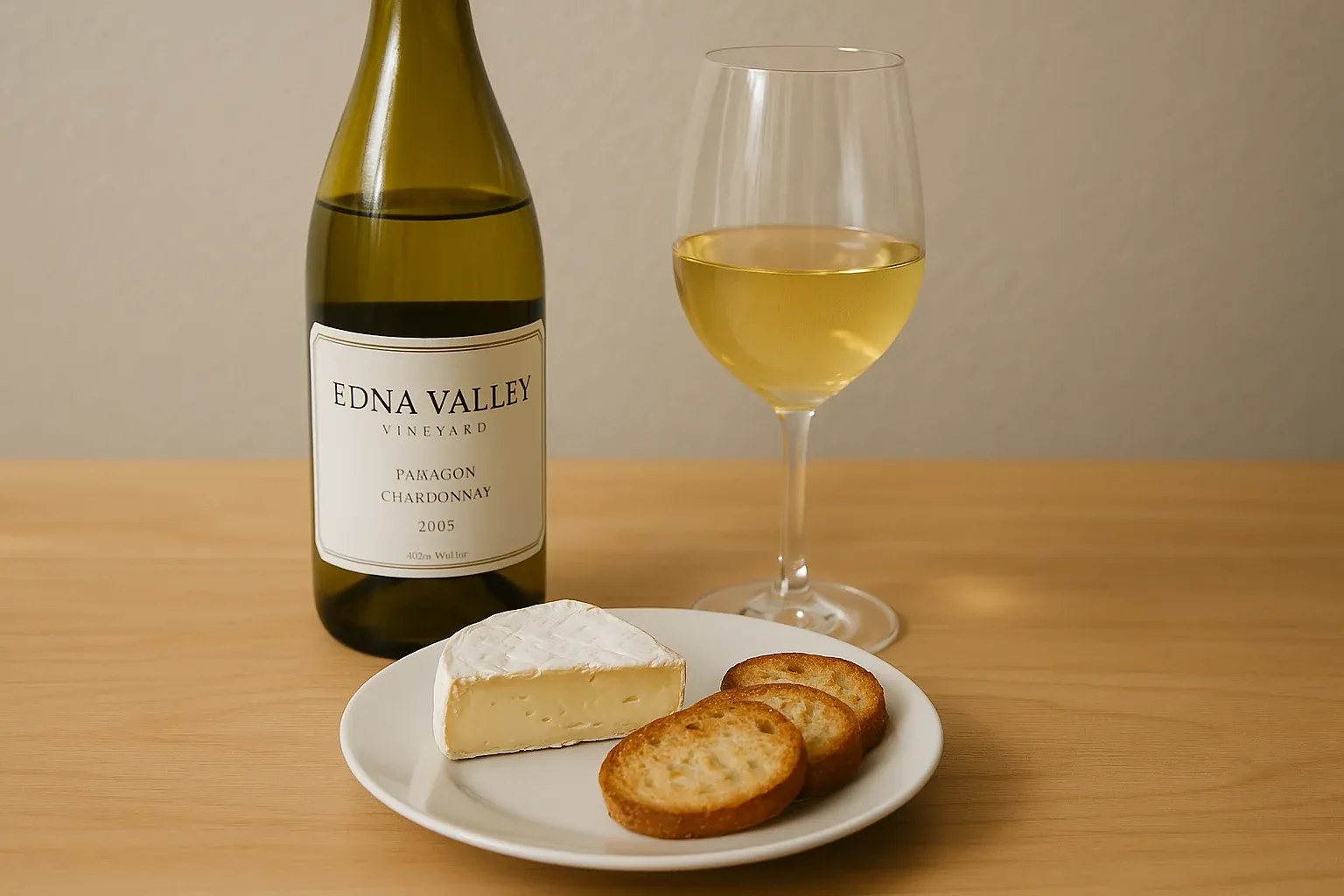 Chardonnay wine with a glass, paired with Brie cheese and toasted bread slices on a plate.