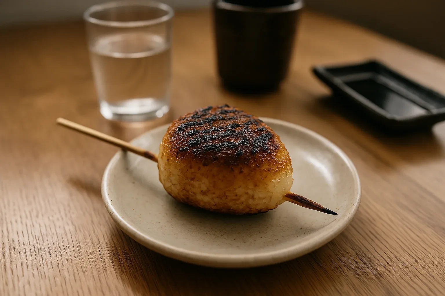 Grilled rice ball on a skewer served on a plate with a glass of water in the background.