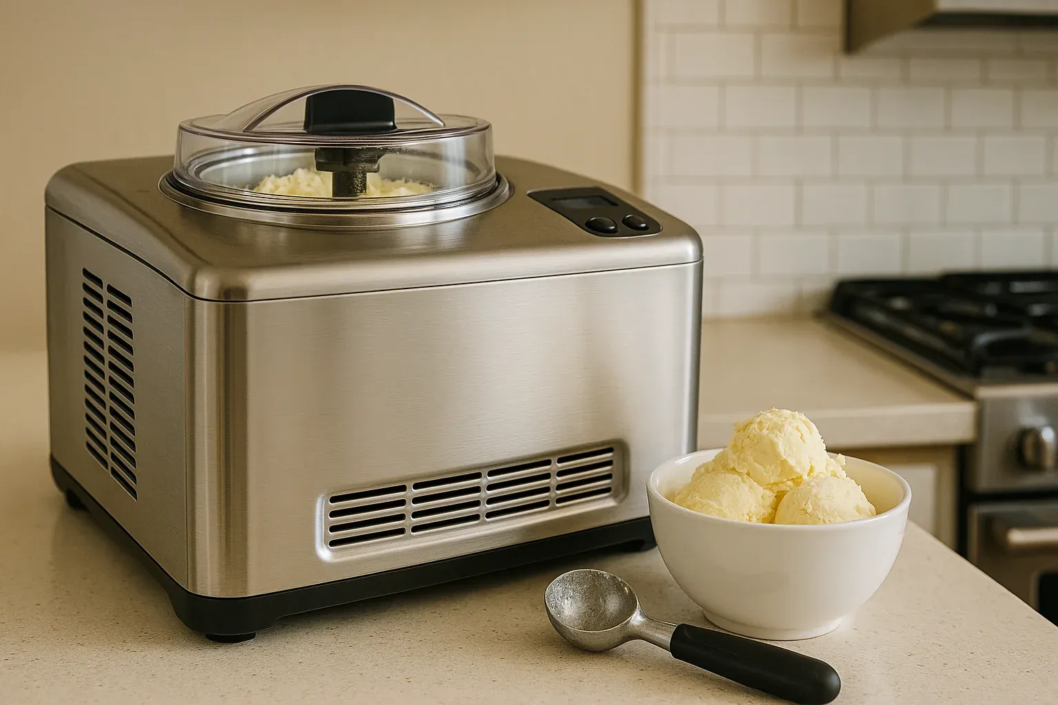 Modern stainless steel ice cream maker with fresh vanilla ice cream in a bowl and scooper on a kitchen counter.