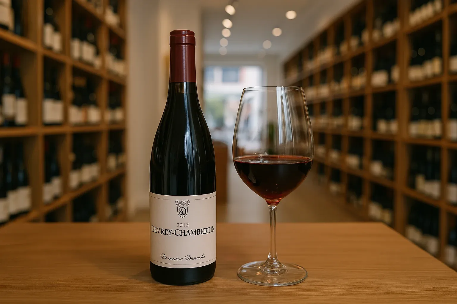 Bottle and glass of Gevrey-Chambertin red wine on a wooden table, with wine shelves in the background.