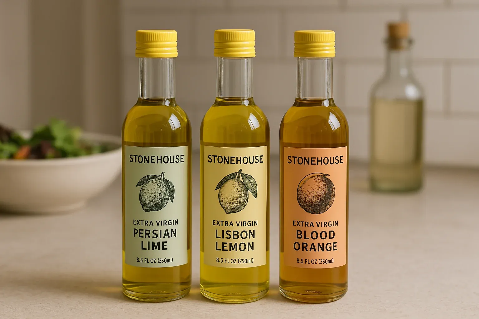 Three bottles of Stonehouse Extra Virgin Olive Oil in Persian Lime, Lisbon Lemon, and Blood Orange flavors on a kitchen countertop.