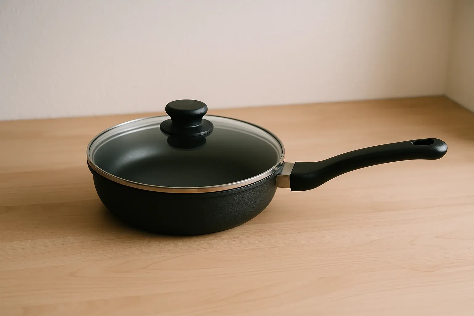 Black non-stick frying pan with a glass lid and a black handle on a light wooden surface.
