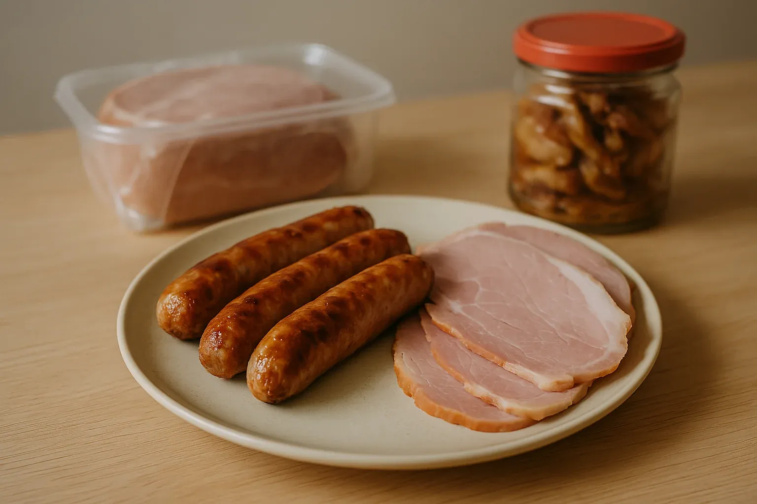 Plate of grilled sausages and ham slices with packaged ham and jar of preserved food on a wooden table.