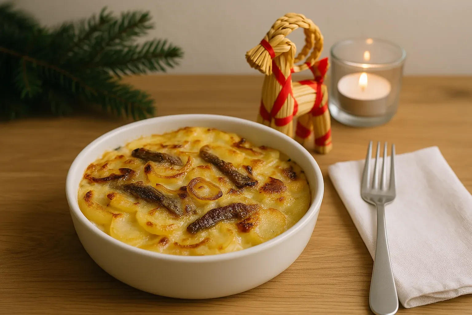 Traditional Swedish Janssons frestelse casserole with anchovies and potatoes on wooden table, Christmas decoration in background.