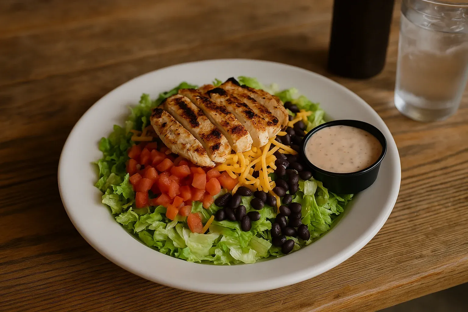 Grilled chicken salad with black beans, tomatoes, shredded cheese, and lettuce, served with a side of creamy dressing.