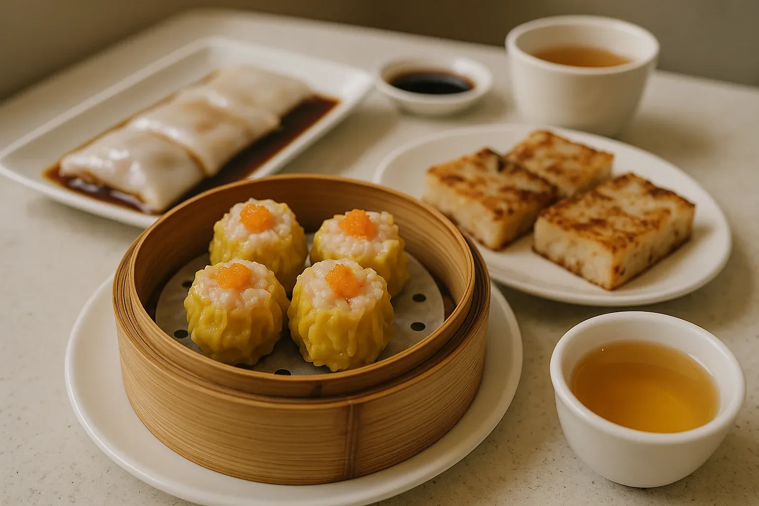 Dim sum meal with siu mai dumplings, turnip cakes, rice noodle rolls, and tea cups on a white table.