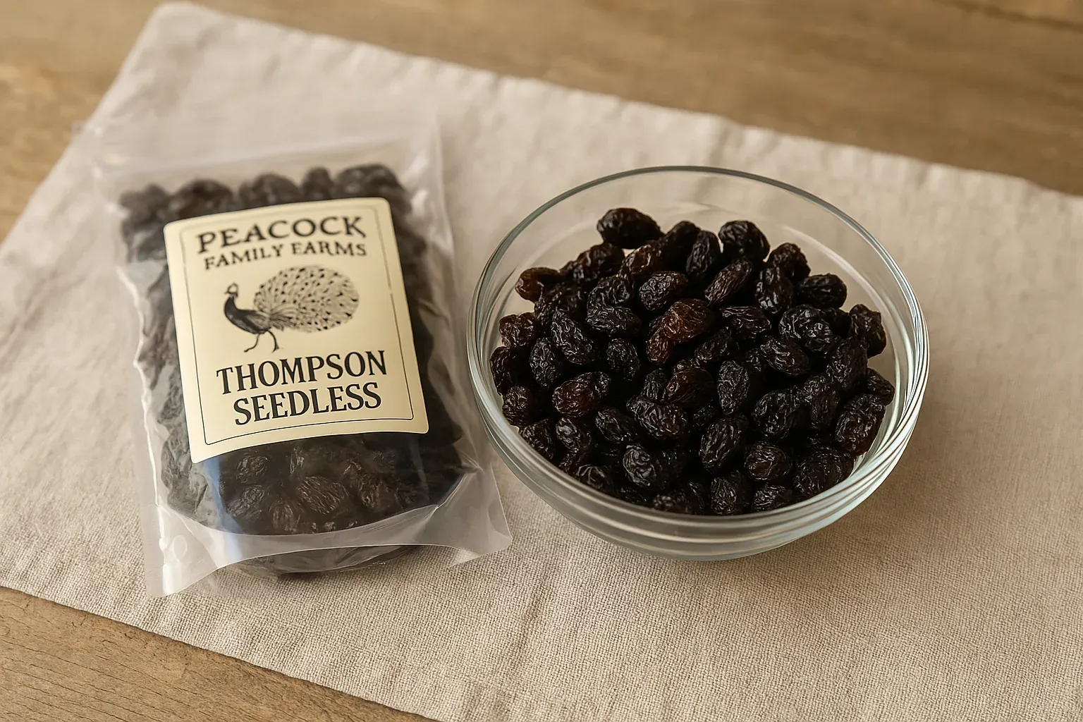 Packaged and bowl of Thompson seedless raisins from Peacock Family Farms on a beige cloth, perfect for baking or snacking.