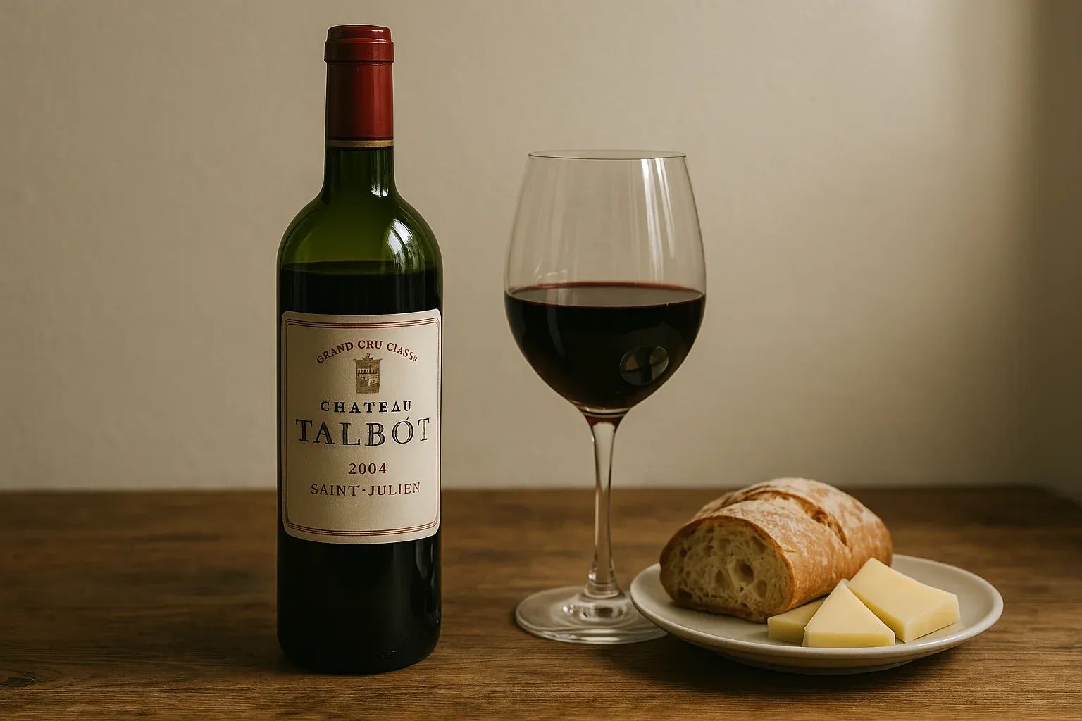 Chateau Talbot wine bottle with a glass of red wine, accompanied by sliced bread and cheese on a white plate, set on a wooden surface.