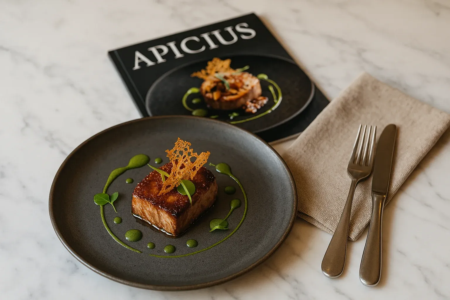 Plated gourmet dish with green sauce and crispy garnish, next to a cookbook titled "APICIUS" on a marble surface with cutlery.