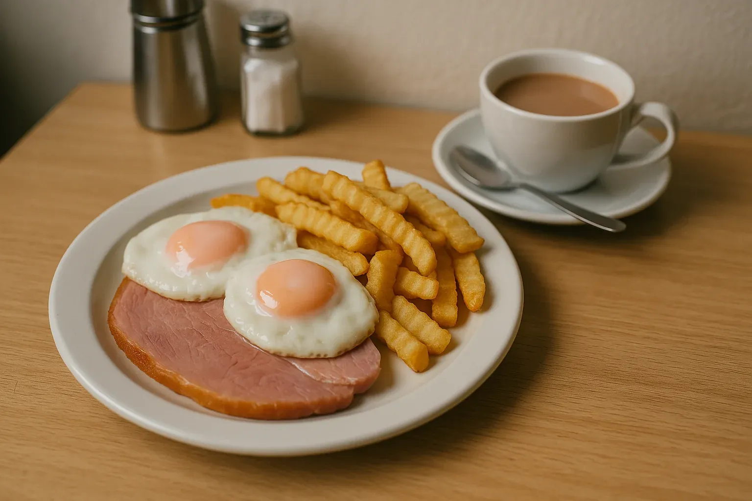 Ham, sunny-side-up eggs, crinkle-cut fries, and a cup of coffee on a white plate.
