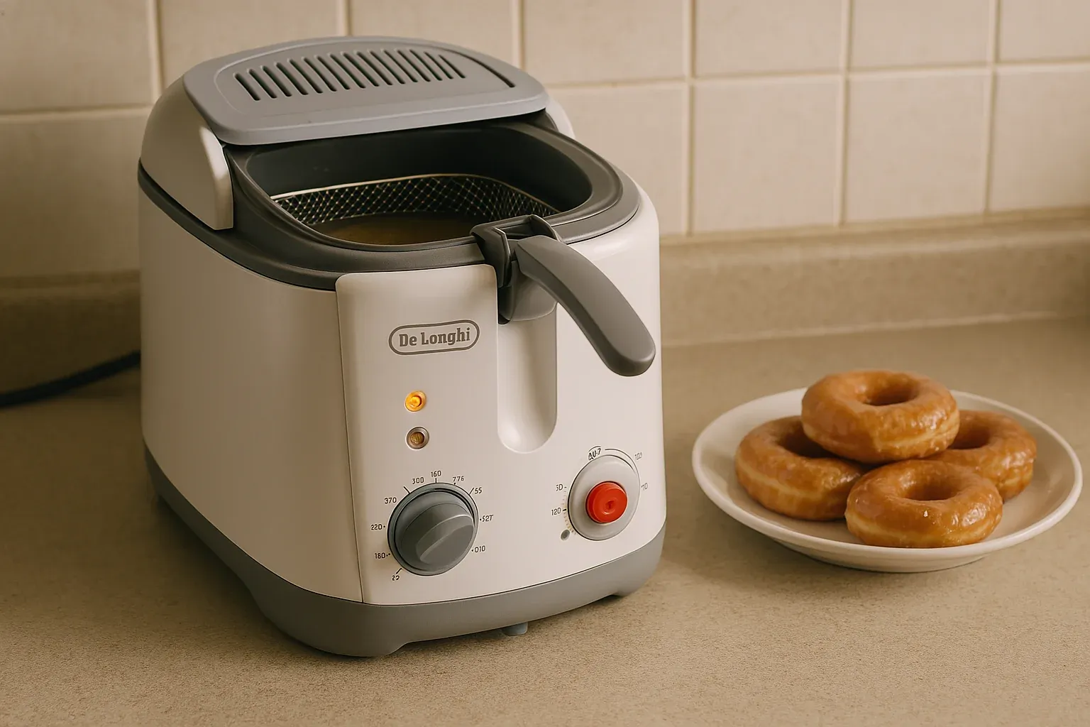 Deep fryer on a kitchen counter beside a plate of freshly fried glazed donuts.