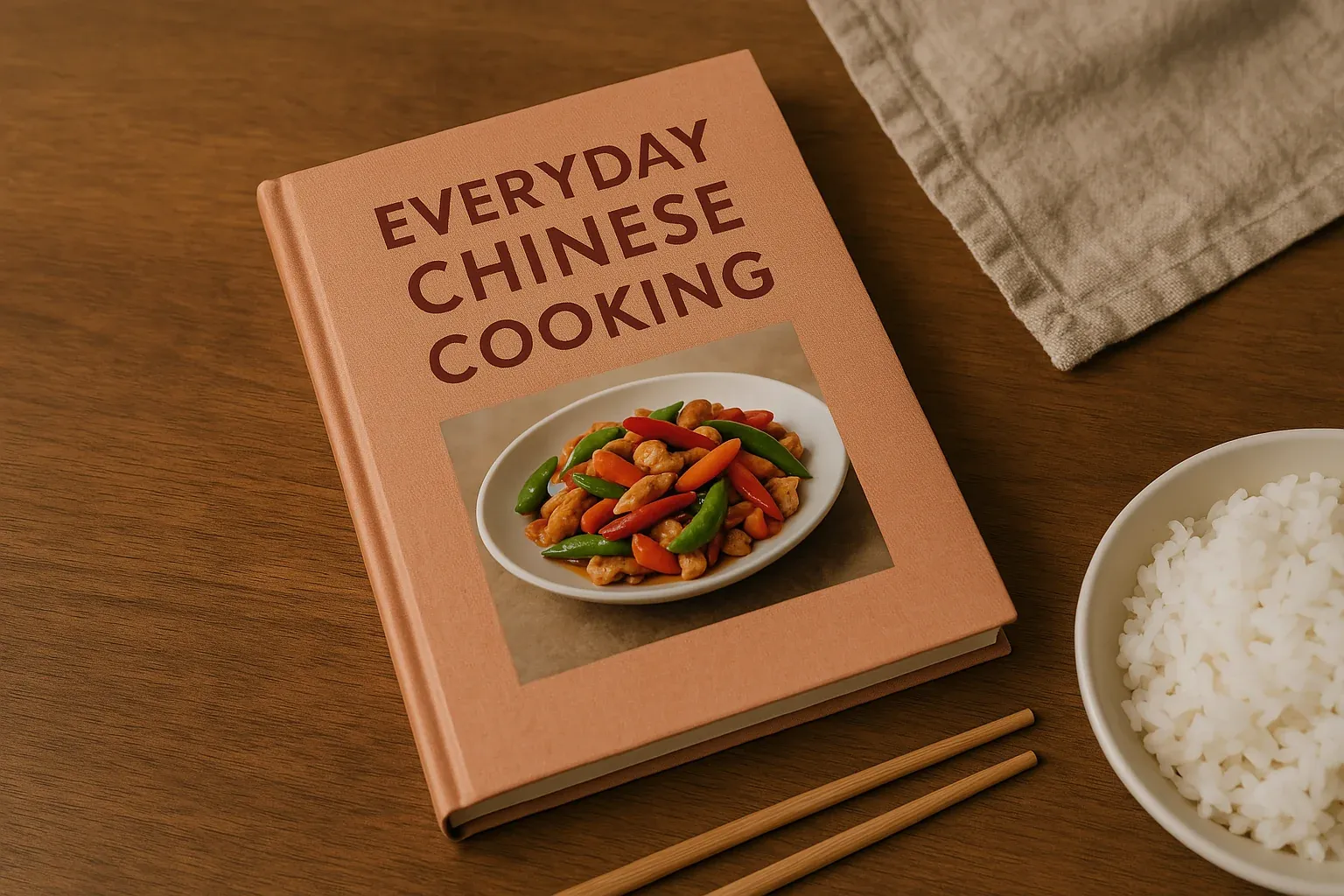 Chinese cookbook titled "Everyday Chinese Cooking" with a stir-fry dish on the cover, beside a bowl of rice and chopsticks.