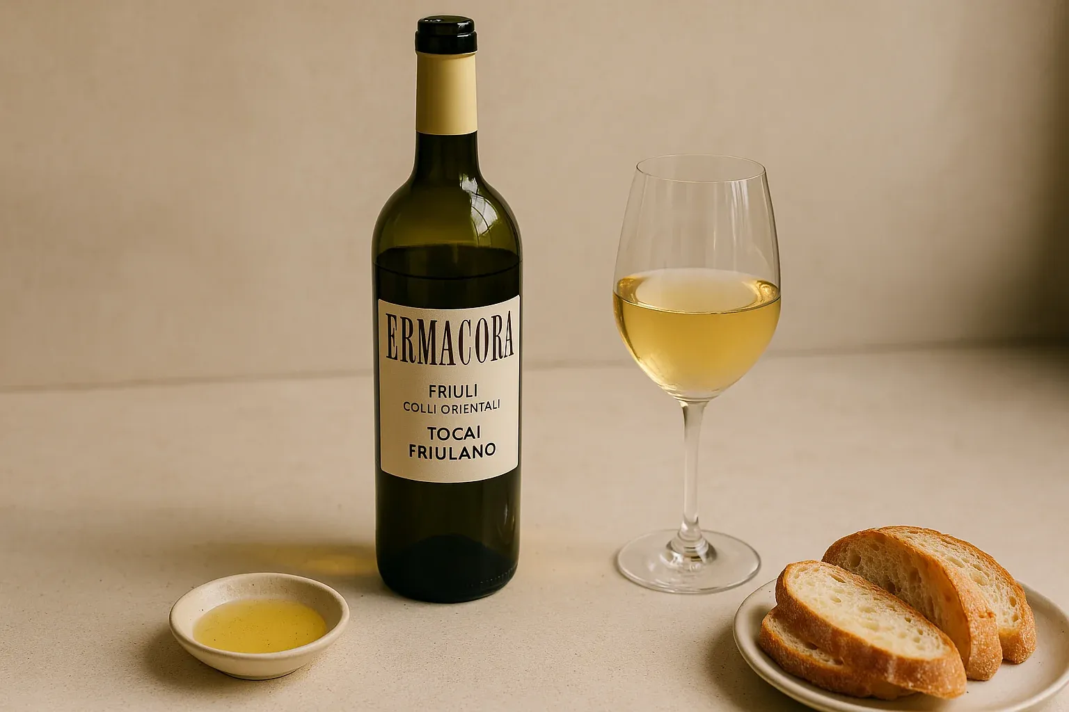 Bottle of Ermacora Tocai Friulano wine with a glass of white wine, olive oil in a small bowl, and sliced bread on a plate.