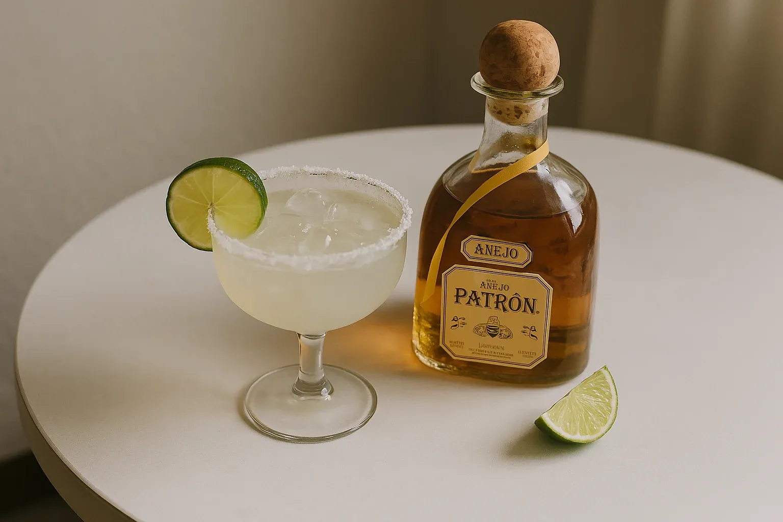 Añejo Patrón tequila bottle with a margarita glass, salted rim, lime slice garnish, and lime wedge on a white table.