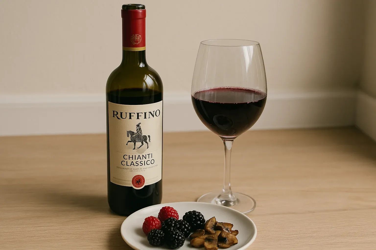 Ruffino Chianti Classico wine bottle with a glass of red wine, and a plate of fresh berries and mushrooms on a wooden table.
