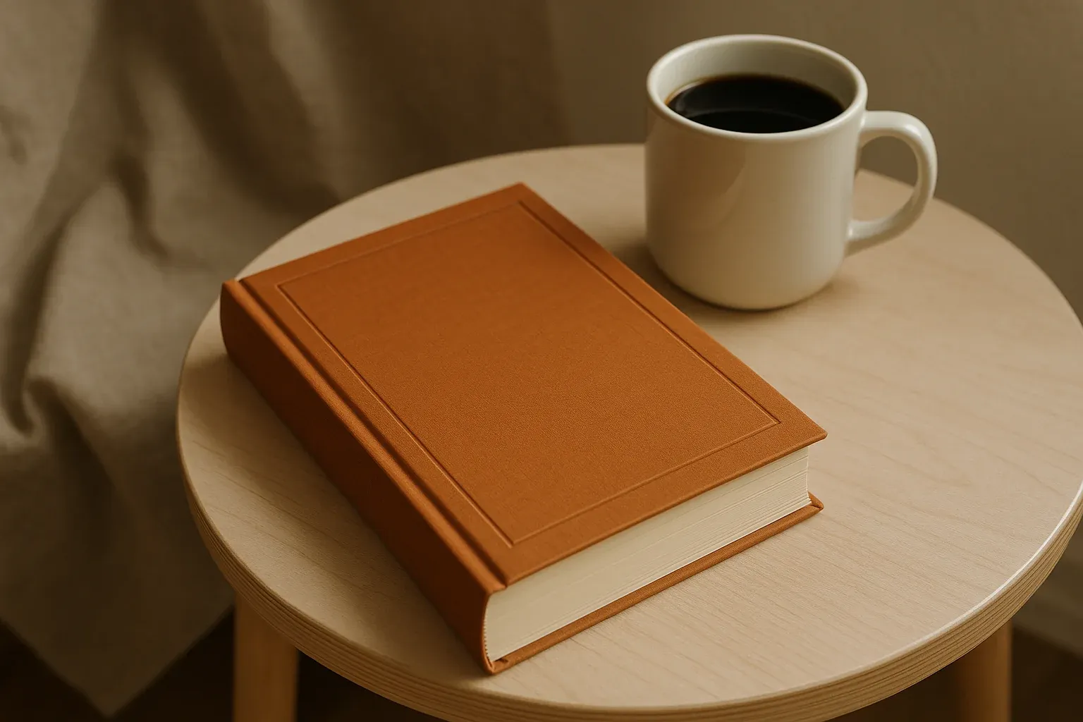 Rustic recipe book with a brown cover next to a steaming cup of black coffee on a wooden table.