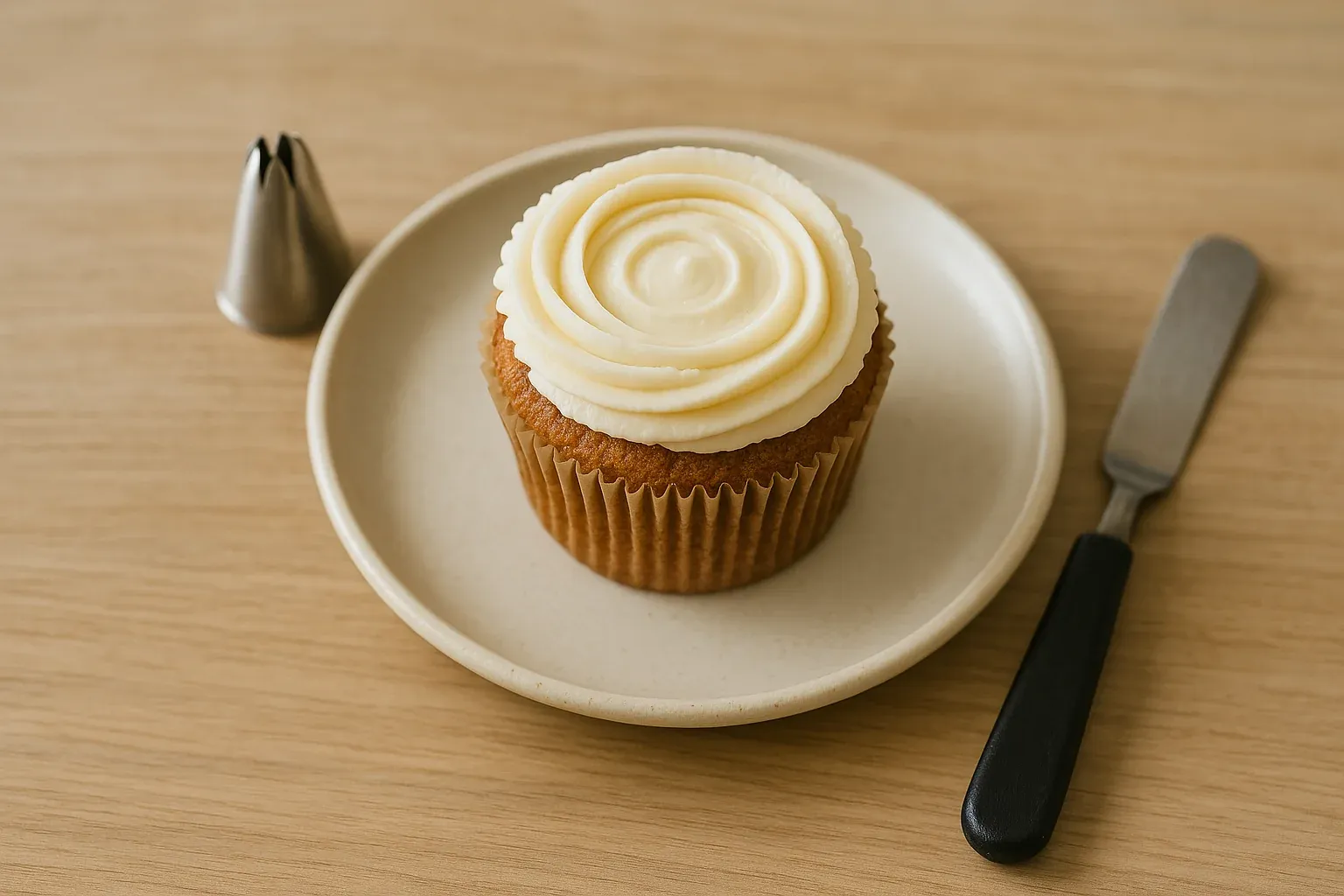 Vanilla cupcake with swirl frosting on a plate, accompanied by a piping tip and spatula on a wooden surface.