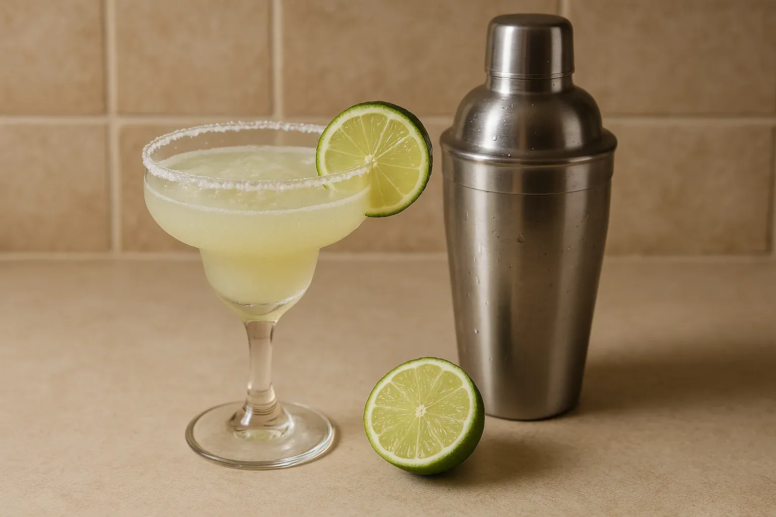 Classic margarita in a salt-rimmed glass with lime garnish, cocktail shaker, and halved lime on countertop.