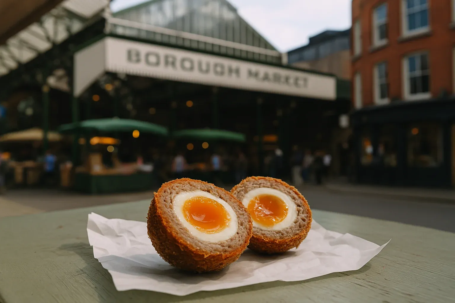 Soft-boiled Scotch eggs on paper in front of Borough Market.