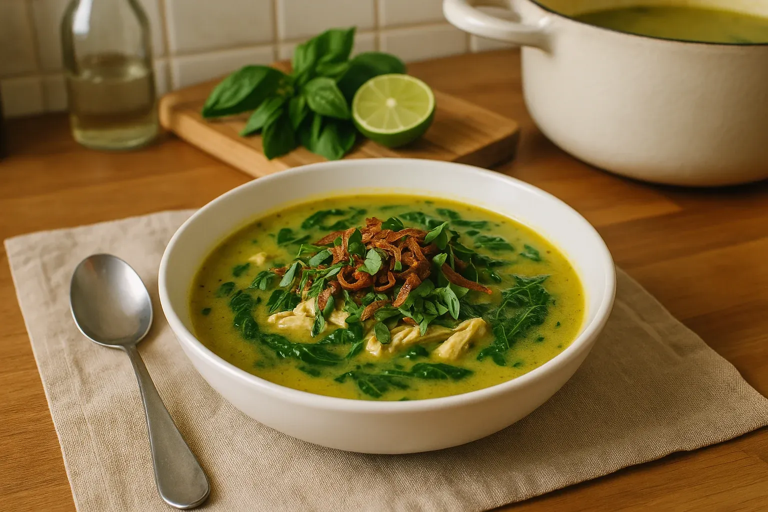 Creamy spinach soup garnished with fresh herbs and crispy fried onions, served in a white bowl with a lime and basil leaves on the side.